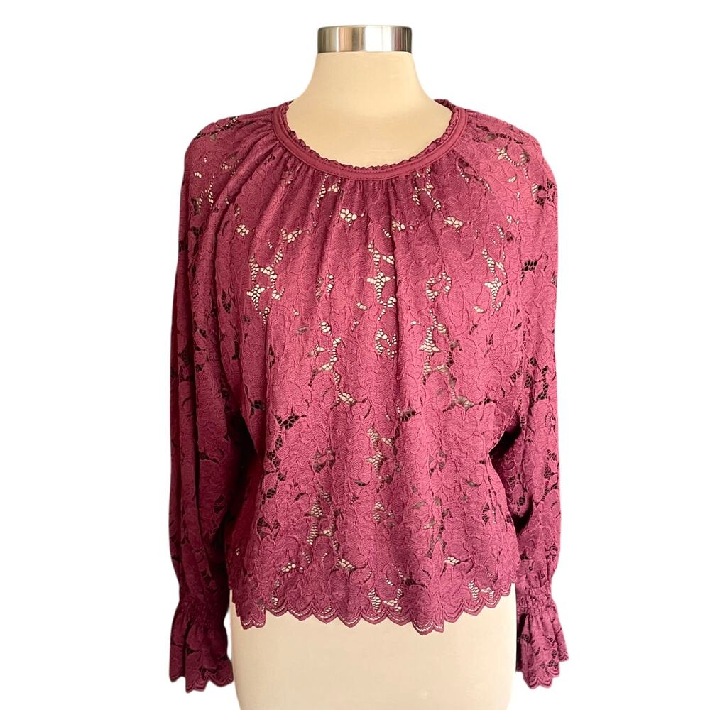 Free People Olivia Wine Lace Blouse SMALL Sheer Long Sleeves Boho Romantic - Picture 4 of 12